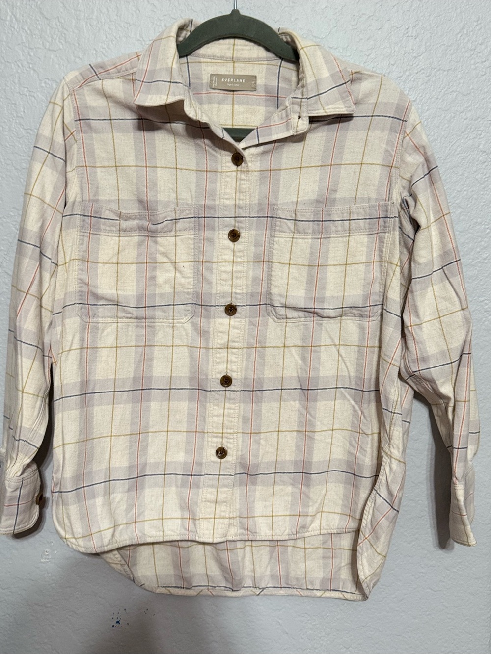 Everlane Cream Plaid Shirt shacket with Mauve, Gold & Navy Checks